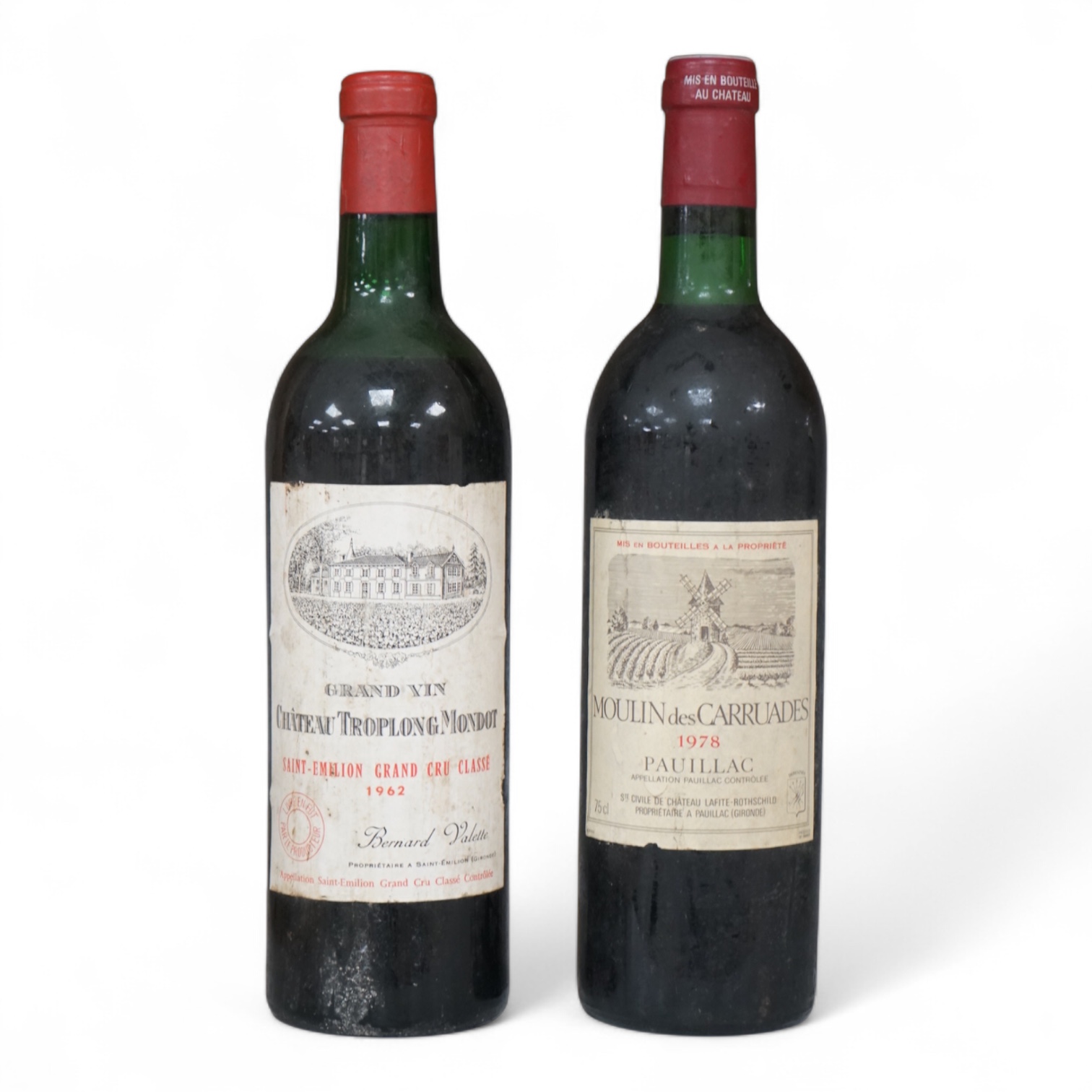 Two bottles of red wine; Chateau Troplong Mondot 1962 together with Moulin des Carruades 1978